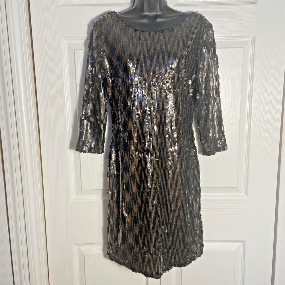 Alberto Makali Sequin‎ Dress Womens 10 Brown 3/4 Sleeve Scoop Back Cocktail Mini